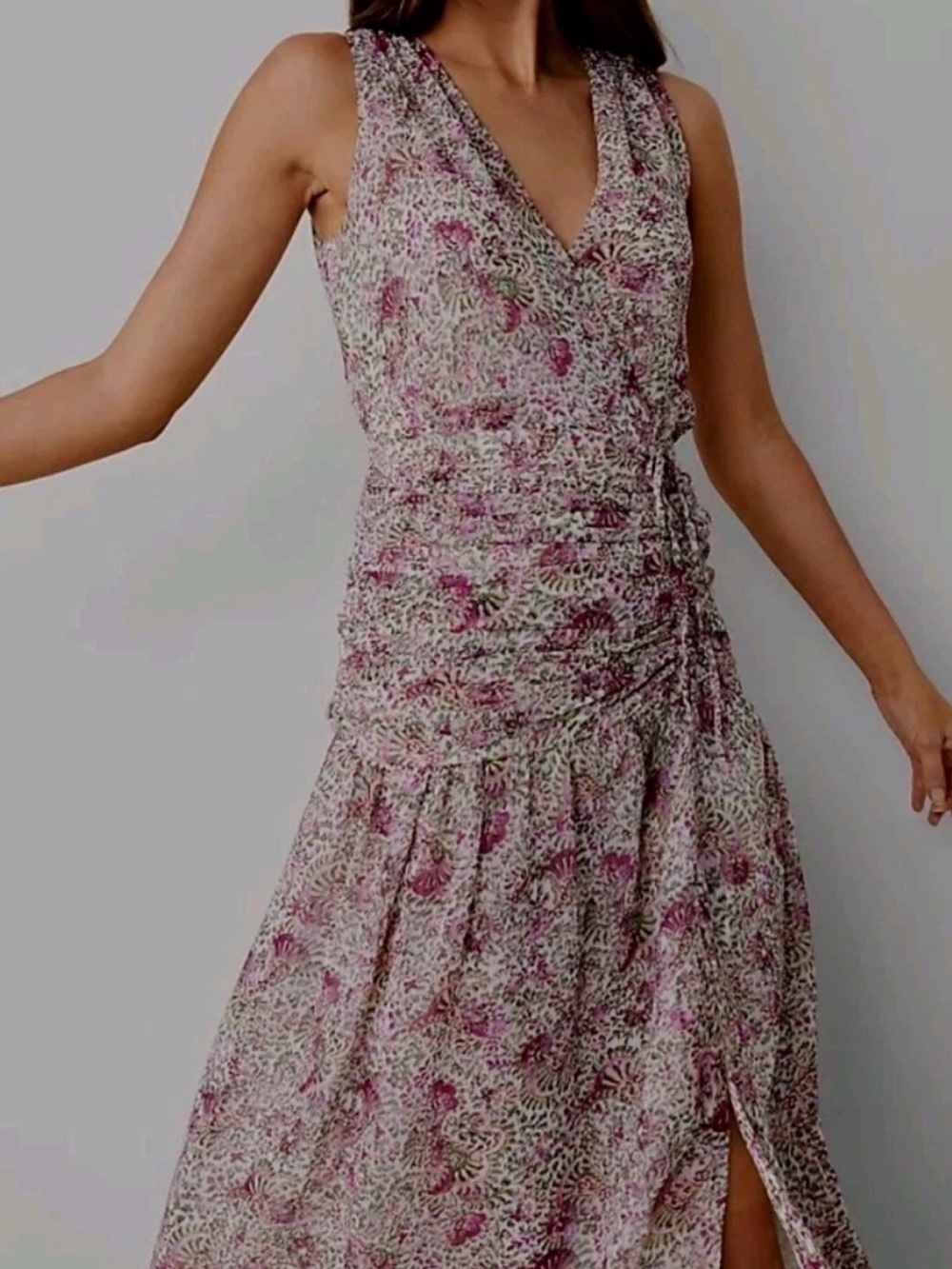 ANN TAYLOR ORCHID GLOW FLORAL RUCHED FLARE MIDI DRESS SZ 6 P - Picture 2 of 16